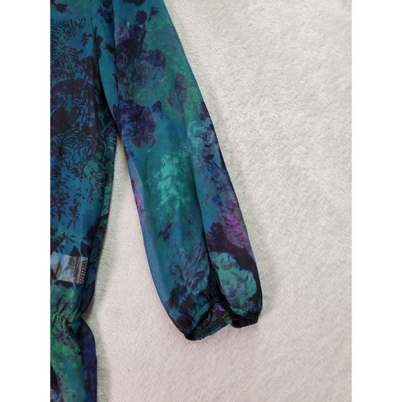 Lily Rose Blouse Top Womens Size Small Teal Floral Sheer Long Sleeve Round Neck - Picture 5 of 9